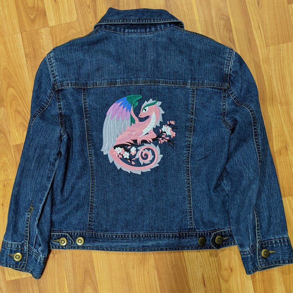 Ruby Rd. denim jacket with Cherry Blossom Dragon Embroidery